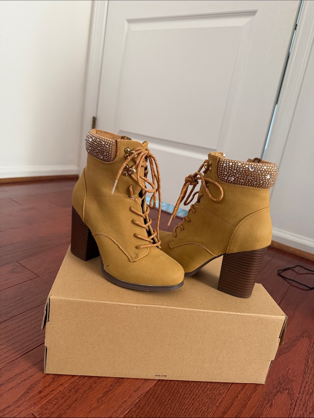 XOXO Mustard Lace-Up Ankle Boots with Jeweled Collar